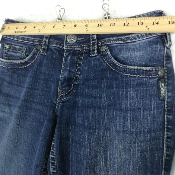 Silver Womens Jeans Suki Surplus Boot Cut Denim Blue Flap Pocket‎ Dark Short 28S - Picture 6 of 12